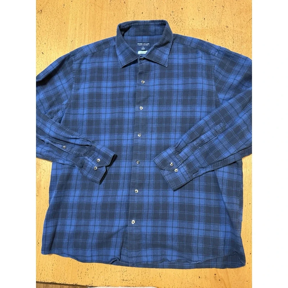 Peter Millar Crown Crafted Mens Japanese Flannel Plaid Button Shirt Size XL Blue